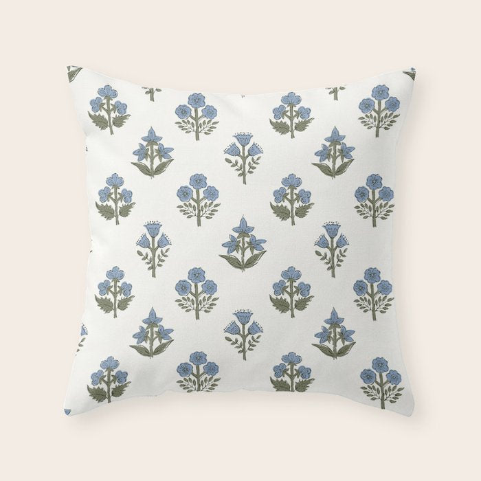 Block print charming nostalgia blue white Mughal flowers natural cottagecore, coastal Hamptons style Throw Pillow Gallery Image 6