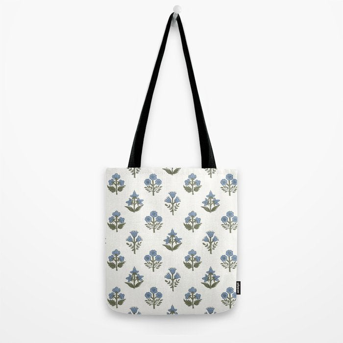 Block print charming nostalgia blue white Mughal flowers natural cottagecore, coastal Hamptons style Tote Bag Gallery Image 2