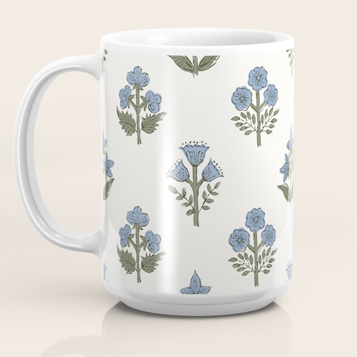 Block print charming nostalgia blue white Mughal flowers natural cottagecore, coastal Hamptons style Coffee Mug Gallery Image 3