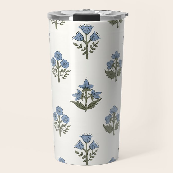 Block print charming nostalgia blue white Mughal flowers natural cottagecore, coastal Hamptons style Travel Mug