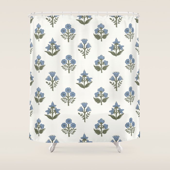 Block print charming nostalgia blue white Mughal flowers natural cottagecore, coastal Hamptons style Shower Curtain Gallery Image 1