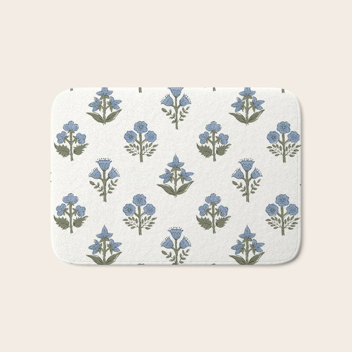 Block print charming nostalgia blue white Mughal flowers natural cottagecore, coastal Hamptons style Bath Mat Gallery Image 1