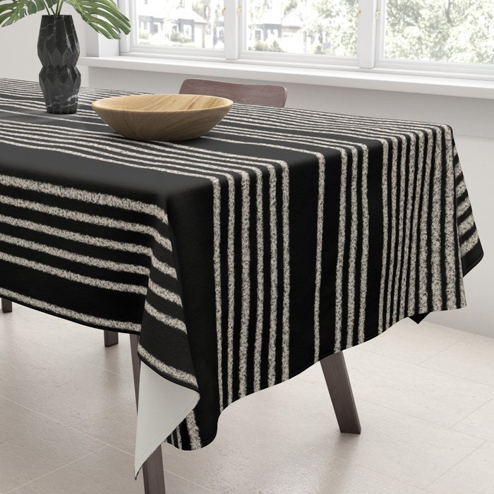 Organic Stripes - Minimalist Textured Line Pattern in Almond Cream and Black Tablecloth Gallery Image 3