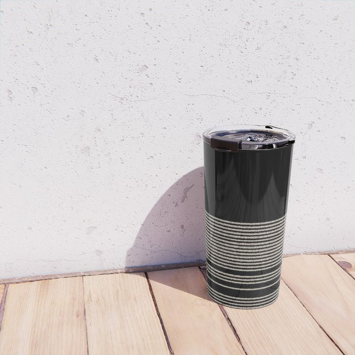 Organic Stripes - Minimalist Textured Line Pattern in Almond Cream and Black Travel Mug Gallery Image 4
