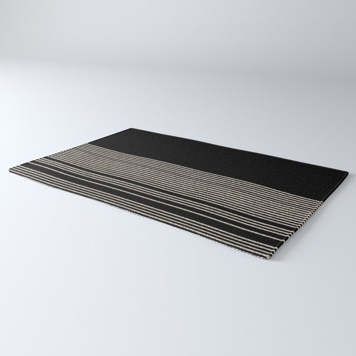 Organic Stripes - Minimalist Textured Line Pattern in Almond Cream and Black Rug Gallery Image 3