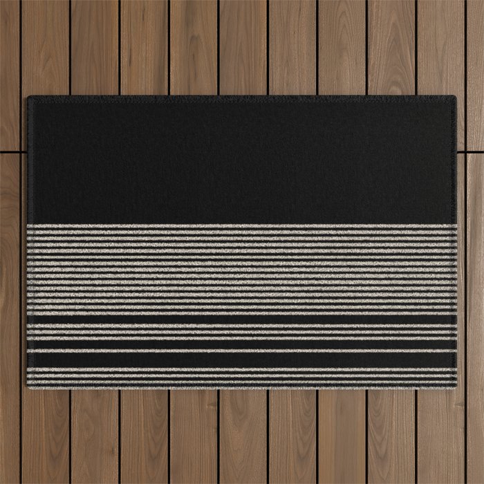 Organic Stripes - Minimalist Textured Line Pattern in Almond Cream and Black Outdoor Rug Gallery Image 1