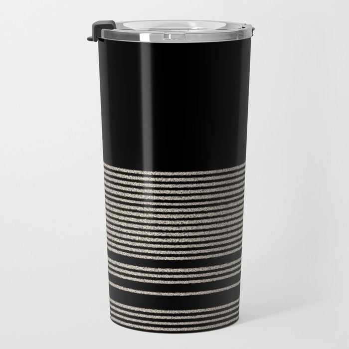 Organic Stripes - Minimalist Textured Line Pattern in Almond Cream and Black Travel Mug Gallery Image 3