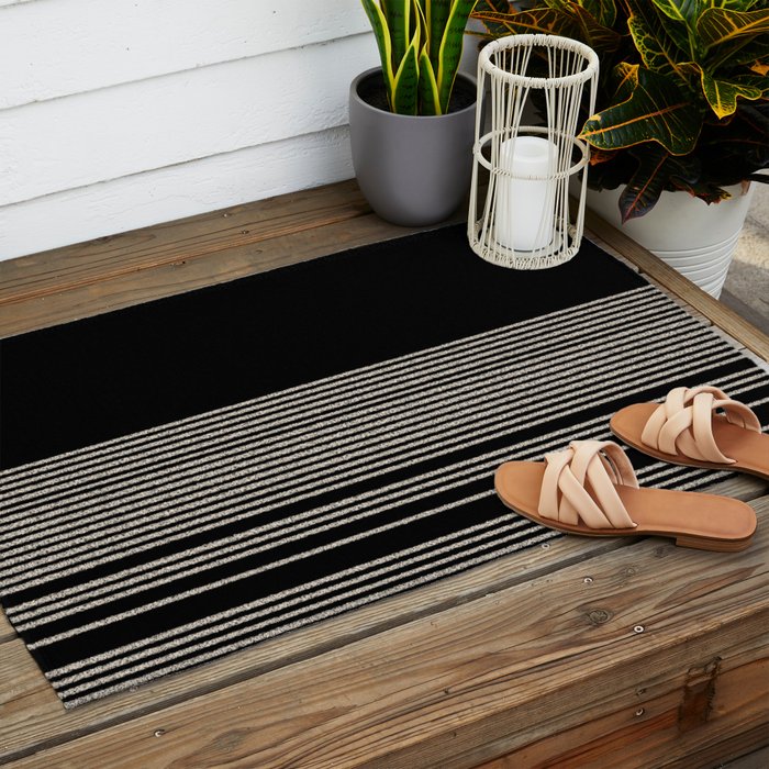Organic Stripes - Minimalist Textured Line Pattern in Almond Cream and Black Outdoor Rug Gallery Image 2