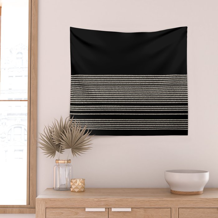Organic Stripes - Minimalist Textured Line Pattern in Almond Cream and Black Wall Tapestry Gallery Image 2