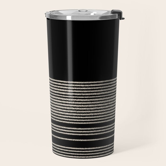 Organic Stripes - Minimalist Textured Line Pattern in Almond Cream and Black Travel Mug Gallery Image 2