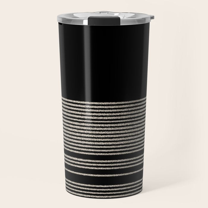 Organic Stripes - Minimalist Textured Line Pattern in Almond Cream and Black Travel Mug Gallery Image 1