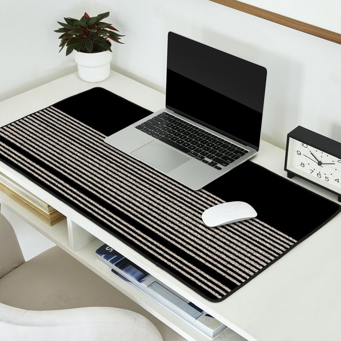 Organic Stripes - Minimalist Textured Line Pattern in Almond Cream and Black Desk Mat Gallery Image 2