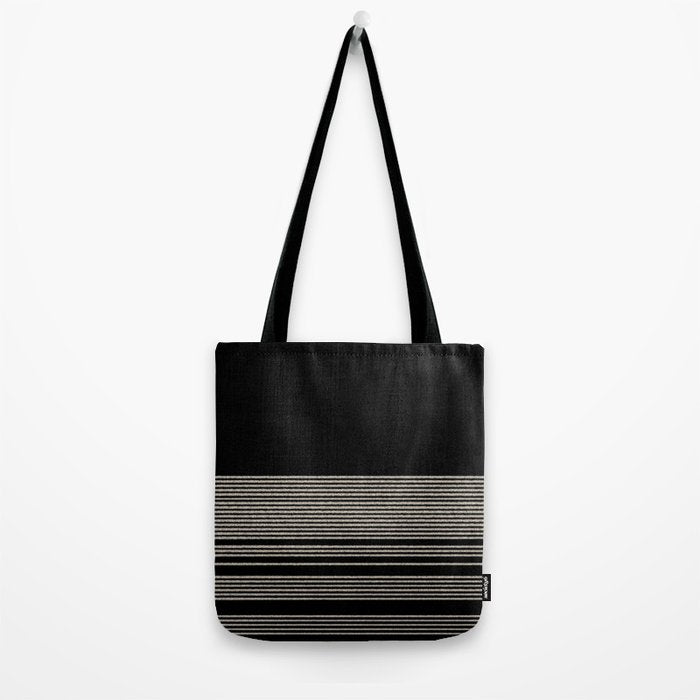 Organic Stripes - Minimalist Textured Line Pattern in Almond Cream and Black Tote Bag Gallery Image 2