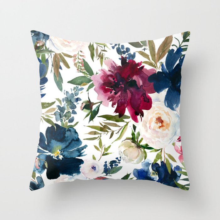 Burgundy Navy Floral Watercolor Pattern A OS Throw Pillow Gallery Image 1