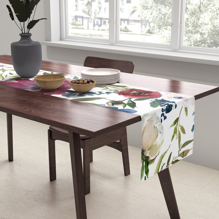 Burgundy Navy Floral Watercolor Pattern A OS Table Runner Gallery Image 2