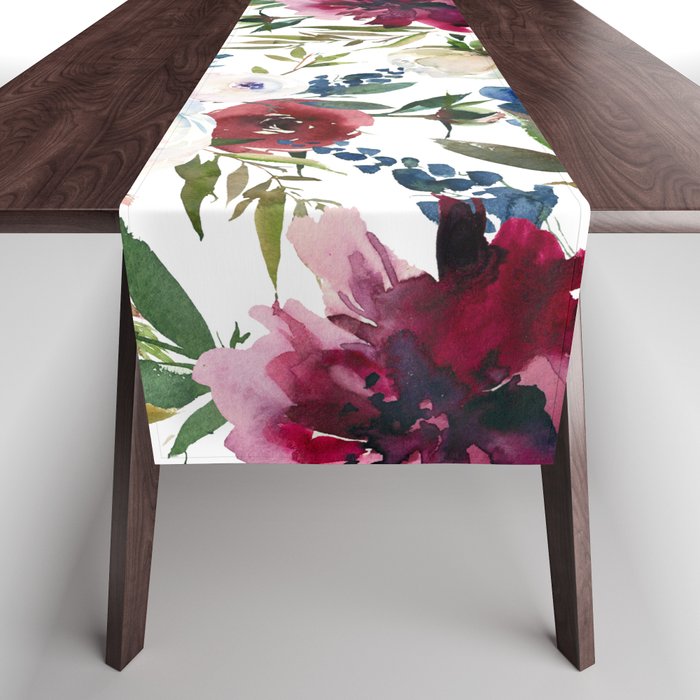 Burgundy Navy Floral Watercolor Pattern A OS Table Runner Gallery Image 1