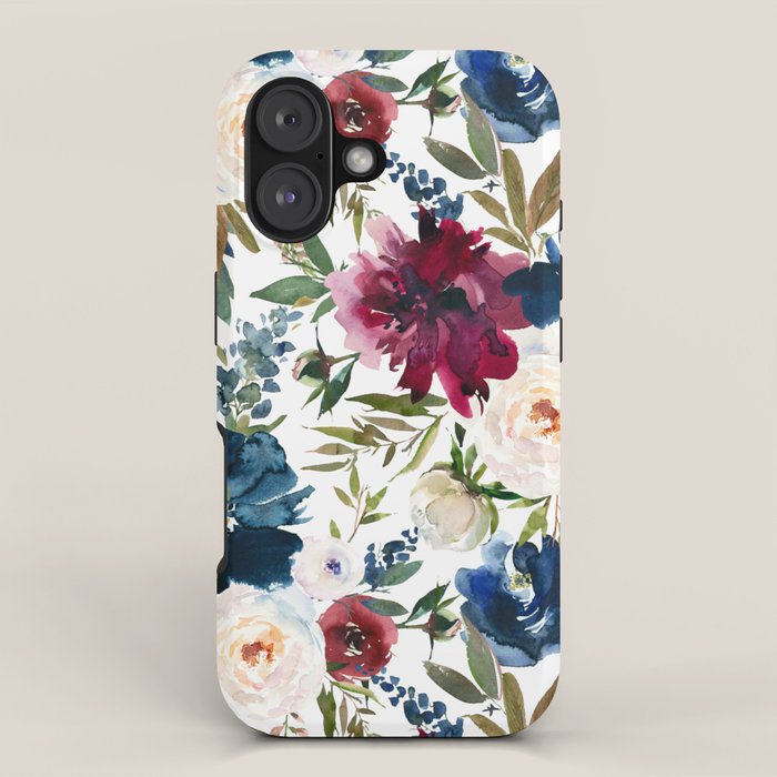 Burgundy Navy Floral Watercolor Pattern A OS iPhone Case Gallery Image 1