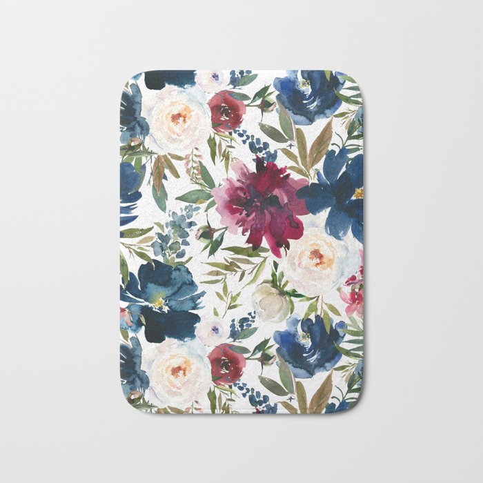 Burgundy Navy Floral Watercolor Pattern A OS Bath Mat Gallery Image 1