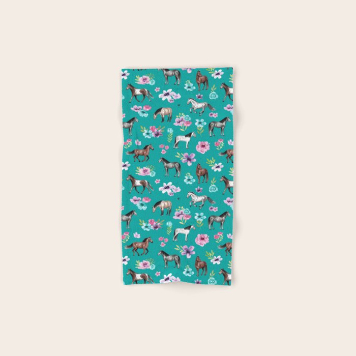 Horses and Flowers, Turquoise, Horse Decor, Horse Art, Western Decor Bath Towel Gallery Image 1