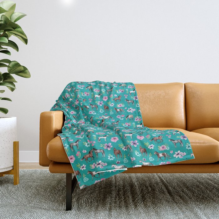 Horses and Flowers, Turquoise, Horse Decor, Horse Art, Western Decor Throw Blanket Gallery Image 1