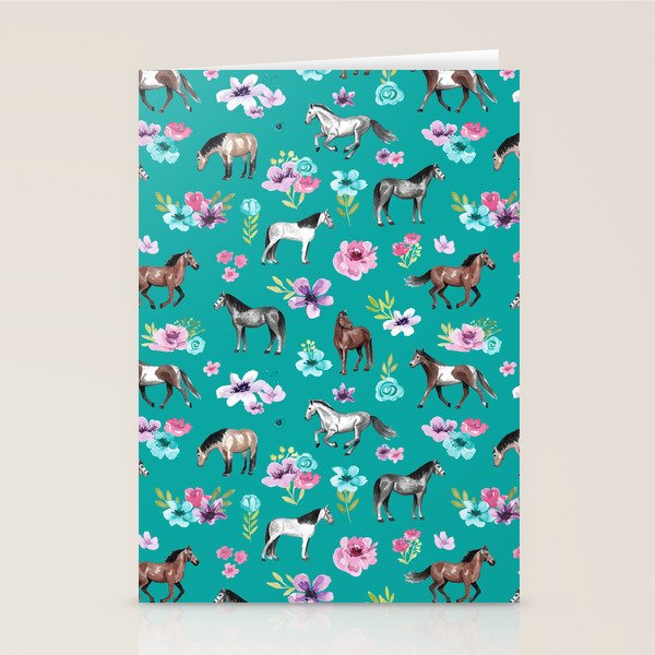 Horses and Flowers, Turquoise, Horse Decor, Horse Art, Western Decor Stationery Card Gallery Image 1