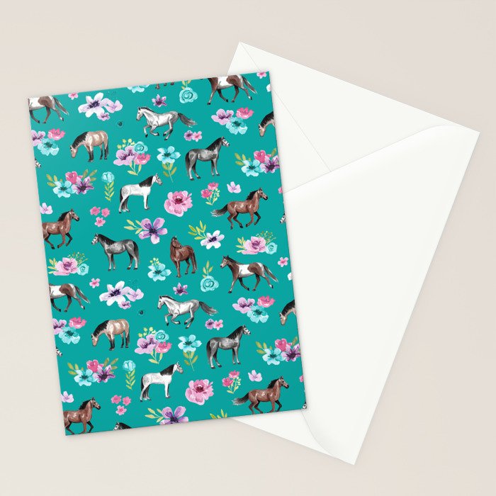 Horses and Flowers, Turquoise, Horse Decor, Horse Art, Western Decor Stationery Card Gallery Image 2