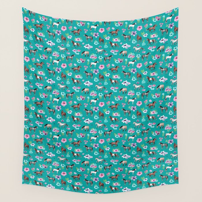 Horses and Flowers, Turquoise, Horse Decor, Horse Art, Western Decor Wall Tapestry Gallery Image 1