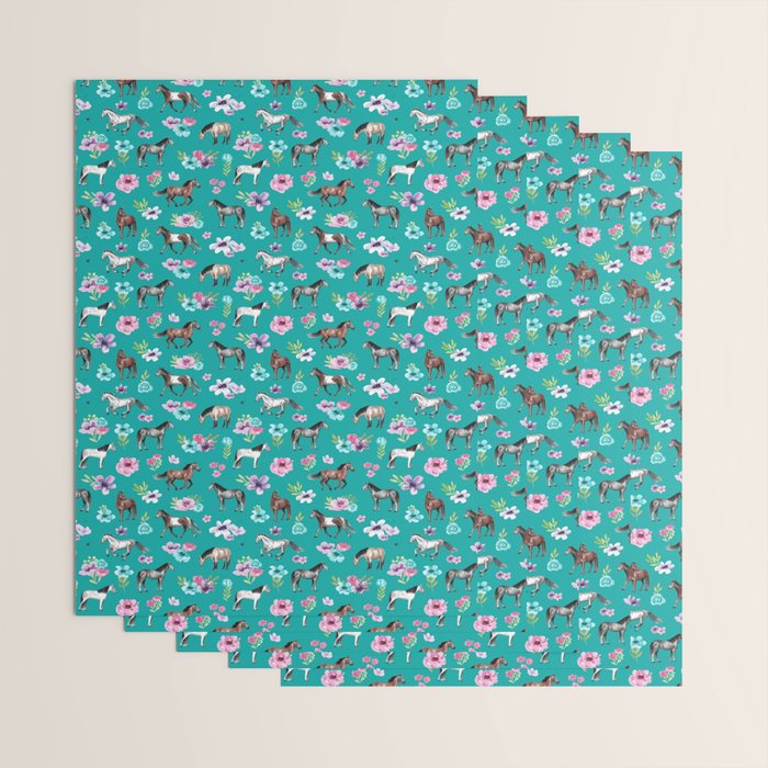 Horses and Flowers, Turquoise, Horse Decor, Horse Art, Western Decor Wrapping Paper Gallery Image 3