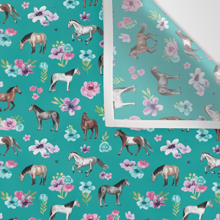 Horses and Flowers, Turquoise, Horse Decor, Horse Art, Western Decor Wall Tapestry Gallery Image 3