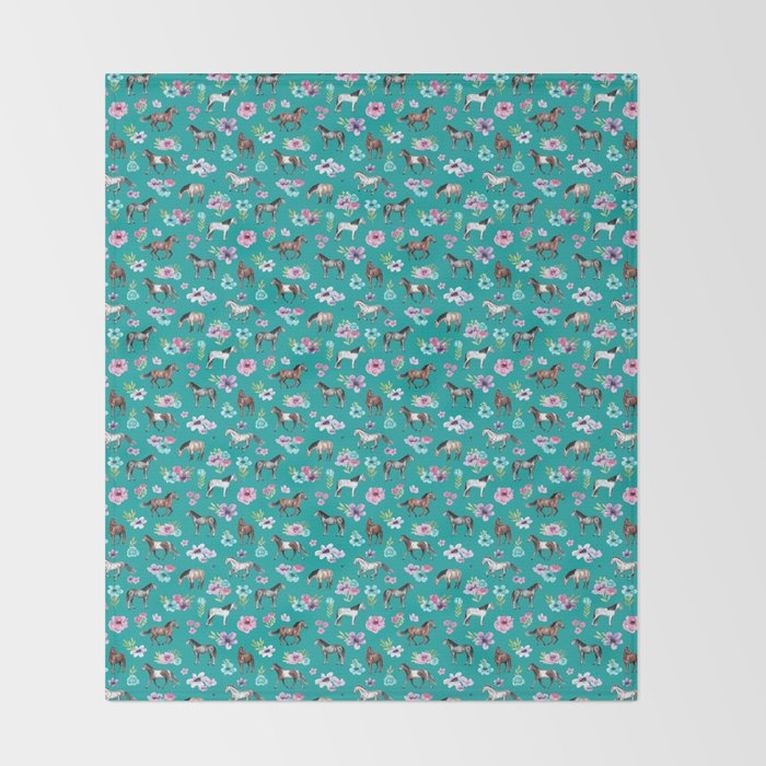 Horses and Flowers, Turquoise, Horse Decor, Horse Art, Western Decor Throw Blanket Gallery Image 2
