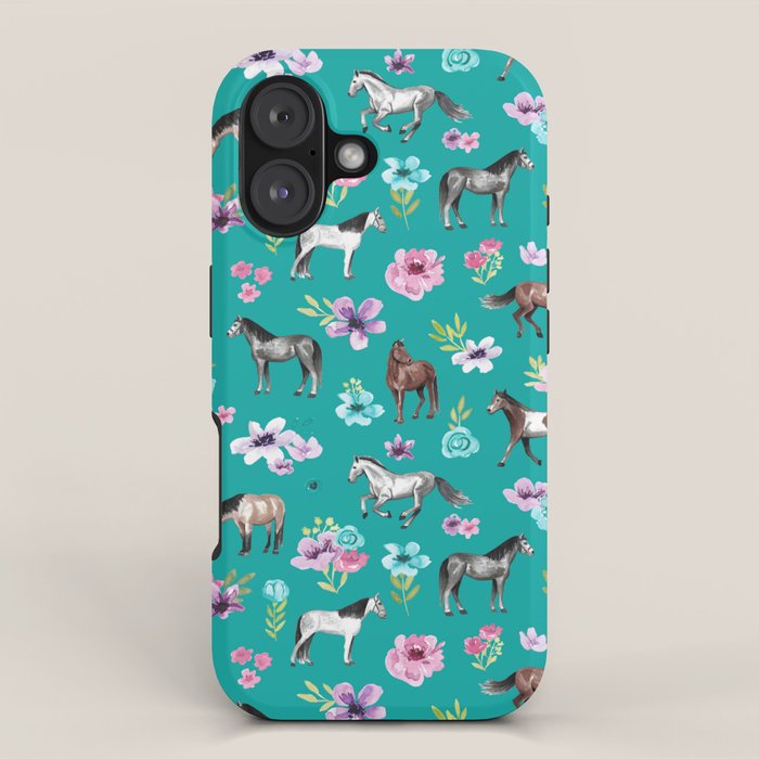 Horses and Flowers, Turquoise, Horse Decor, Horse Art, Western Decor iPhone Case Gallery Image 1