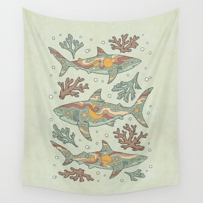 Midnight Swim | Dusty Sunset Palette | Ocean Shark Art Wall Tapestry Gallery Image 1
