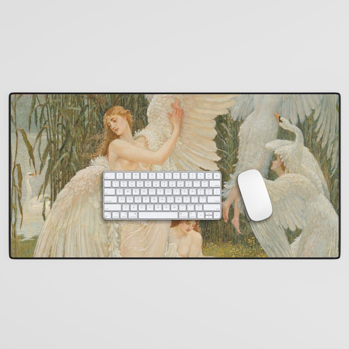 White Swans and the Maidens angelic garden landscape painting by Walter Crane  Desk Mat Gallery Image 1