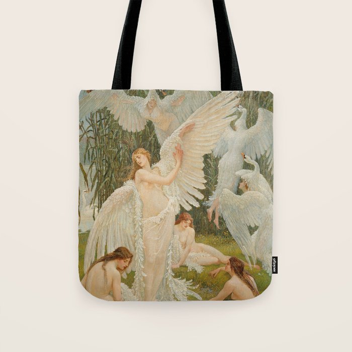 White Swans and the Maidens angelic garden landscape painting by Walter Crane  Tote Bag Gallery Image 1