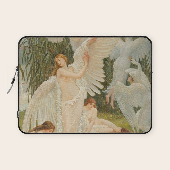 White Swans and the Maidens angelic garden landscape painting by Walter Crane  Laptop Sleeve Gallery Image 1