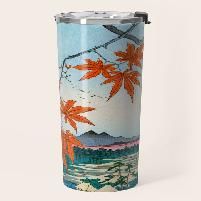 Maple Trees at Mama, Tekona Shrine and Tsugi Bridge (Mama no momiji, Tekona no yashiro, Tsugihashi), from the series âOne Hundred Famous Views of Edo Utagawa Hiroshige Vintage Japanese Woodblock Print East Asian Cultural Antique Art  Travel Mug Gallery Image 2