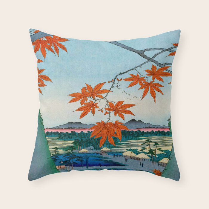 Maple Trees at Mama, Tekona Shrine and Tsugi Bridge (Mama no momiji, Tekona no yashiro, Tsugihashi), from the series âOne Hundred Famous Views of Edo Utagawa Hiroshige Vintage Japanese Woodblock Print East Asian Cultural Antique Art  Throw Pillow Gallery Image 1