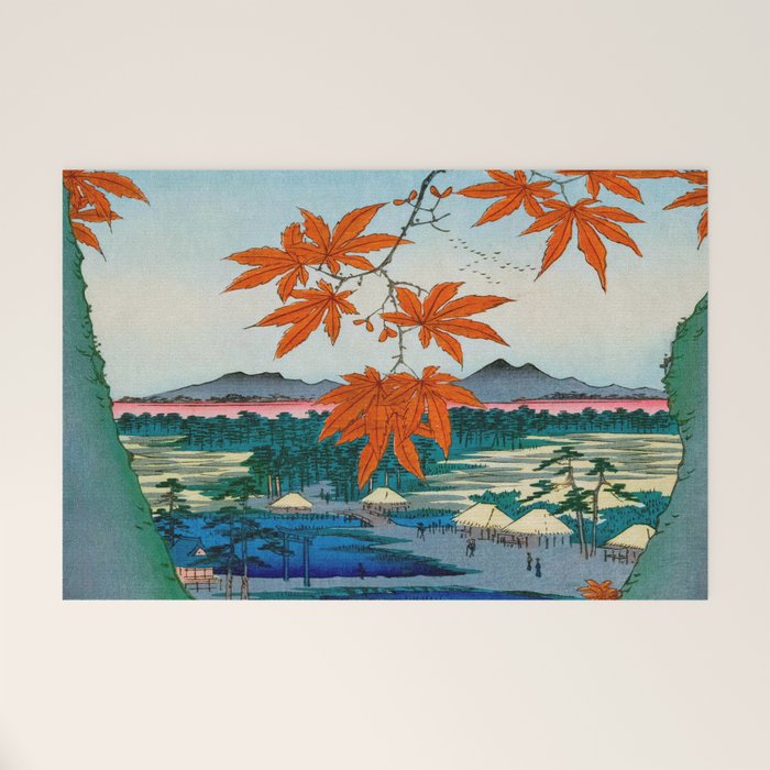 Maple Trees at Mama, Tekona Shrine and Tsugi Bridge (Mama no momiji, Tekona no yashiro, Tsugihashi), from the series âOne Hundred Famous Views of Edo Utagawa Hiroshige Vintage Japanese Woodblock Print East Asian Cultural Antique Art  Welcome Mat Gallery Image 1
