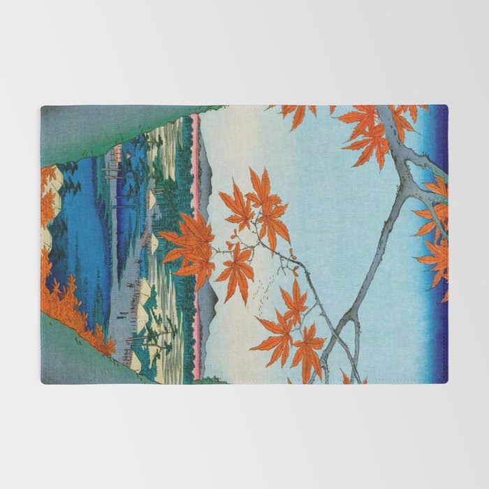 Maple Trees at Mama, Tekona Shrine and Tsugi Bridge (Mama no momiji, Tekona no yashiro, Tsugihashi), from the series âOne Hundred Famous Views of Edo Utagawa Hiroshige Vintage Japanese Woodblock Print East Asian Cultural Antique Art  Rug Gallery Image 2