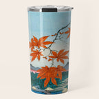 Maple Trees at Mama, Tekona Shrine and Tsugi Bridge (Mama no momiji, Tekona no yashiro, Tsugihashi), from the series âOne Hundred Famous Views of Edo Utagawa Hiroshige Vintage Japanese Woodblock Print East Asian Cultural Antique Art  Travel Mug Gallery Image 1