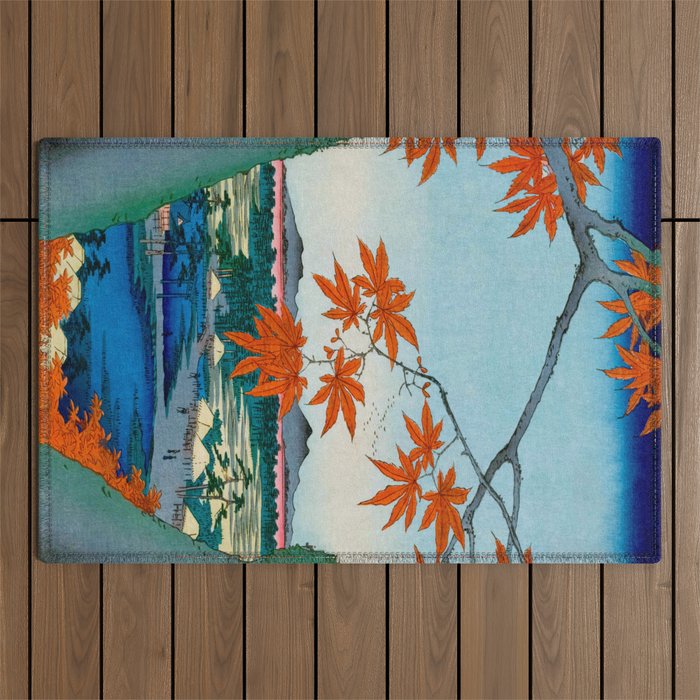 Maple Trees at Mama, Tekona Shrine and Tsugi Bridge (Mama no momiji, Tekona no yashiro, Tsugihashi), from the series âOne Hundred Famous Views of Edo Utagawa Hiroshige Vintage Japanese Woodblock Print East Asian Cultural Antique Art  Outdoor Rug Gallery Image 1