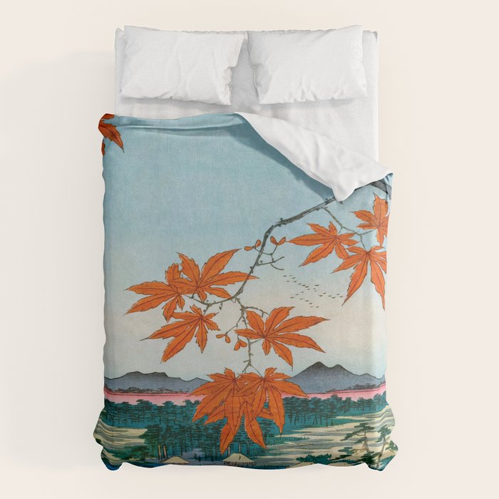 Maple Trees at Mama, Tekona Shrine and Tsugi Bridge (Mama no momiji, Tekona no yashiro, Tsugihashi), from the series âOne Hundred Famous Views of Edo Utagawa Hiroshige Vintage Japanese Woodblock Print East Asian Cultural Antique Art  Duvet Cover Gallery Image 6