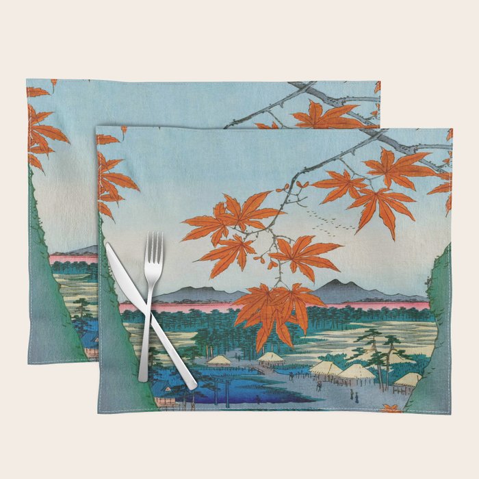 Maple Trees at Mama, Tekona Shrine and Tsugi Bridge (Mama no momiji, Tekona no yashiro, Tsugihashi), from the series âOne Hundred Famous Views of Edo Utagawa Hiroshige Vintage Japanese Woodblock Print East Asian Cultural Antique Art  Placemat Gallery Image 1