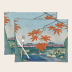Maple Trees at Mama, Tekona Shrine and Tsugi Bridge (Mama no momiji, Tekona no yashiro, Tsugihashi), from the series âOne Hundred Famous Views of Edo Utagawa Hiroshige Vintage Japanese Woodblock Print East Asian Cultural Antique Art  Placemat Gallery Image 1