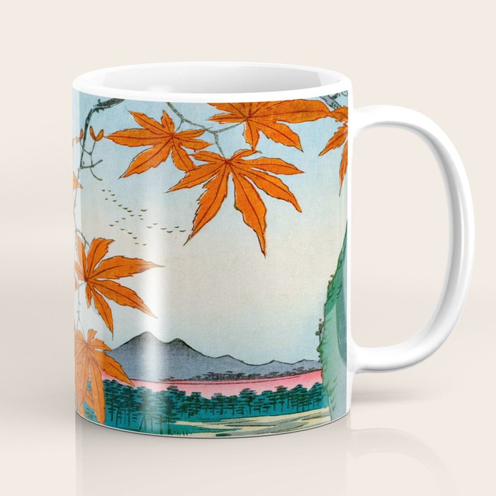 Maple Trees at Mama, Tekona Shrine and Tsugi Bridge (Mama no momiji, Tekona no yashiro, Tsugihashi), from the series âOne Hundred Famous Views of Edo Utagawa Hiroshige Vintage Japanese Woodblock Print East Asian Cultural Antique Art  Coffee Mug Gallery Image 1