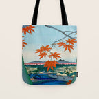 Maple Trees at Mama, Tekona Shrine and Tsugi Bridge (Mama no momiji, Tekona no yashiro, Tsugihashi), from the series âOne Hundred Famous Views of Edo Utagawa Hiroshige Vintage Japanese Woodblock Print East Asian Cultural Antique Art  Tote Bag Gallery Image 1