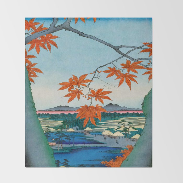 Maple Trees at Mama, Tekona Shrine and Tsugi Bridge (Mama no momiji, Tekona no yashiro, Tsugihashi), from the series âOne Hundred Famous Views of Edo Utagawa Hiroshige Vintage Japanese Woodblock Print East Asian Cultural Antique Art  Throw Blanket Gallery Image 2