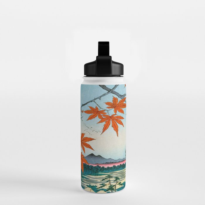 Maple Trees at Mama, Tekona Shrine and Tsugi Bridge (Mama no momiji, Tekona no yashiro, Tsugihashi), from the series âOne Hundred Famous Views of Edo Utagawa Hiroshige Vintage Japanese Woodblock Print East Asian Cultural Antique Art  Water Bottle Gallery Image 2