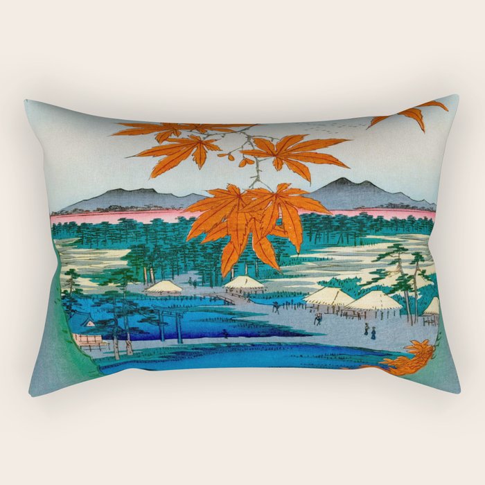 Maple Trees at Mama, Tekona Shrine and Tsugi Bridge (Mama no momiji, Tekona no yashiro, Tsugihashi), from the series âOne Hundred Famous Views of Edo Utagawa Hiroshige Vintage Japanese Woodblock Print East Asian Cultural Antique Art  Rectangular Pillow Gallery Image 1
