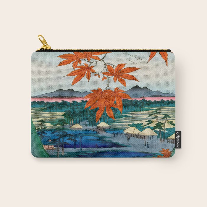 Maple Trees at Mama, Tekona Shrine and Tsugi Bridge (Mama no momiji, Tekona no yashiro, Tsugihashi), from the series âOne Hundred Famous Views of Edo Utagawa Hiroshige Vintage Japanese Woodblock Print East Asian Cultural Antique Art  Carry All Pouch Gallery Image 1